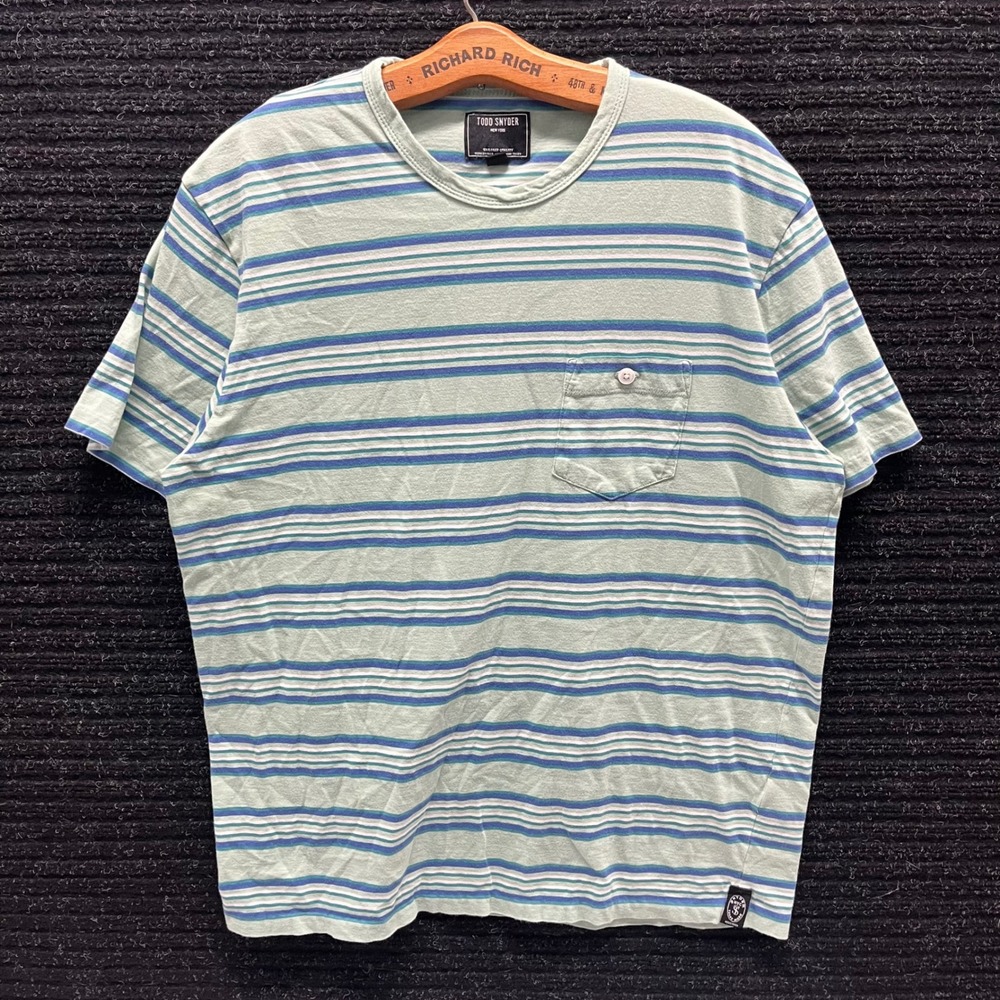 Todd Snyder Mens Large Striped Pocket T-Shirt Mint Green Blue Cotton